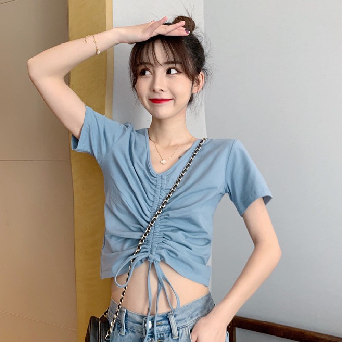 Áo thun nữ tay ngắn rút ngực cotton dày dặn, áo ulzzang nữ ngắn tay rút dây phong cách Hàn Quốc C61 - Maoshop