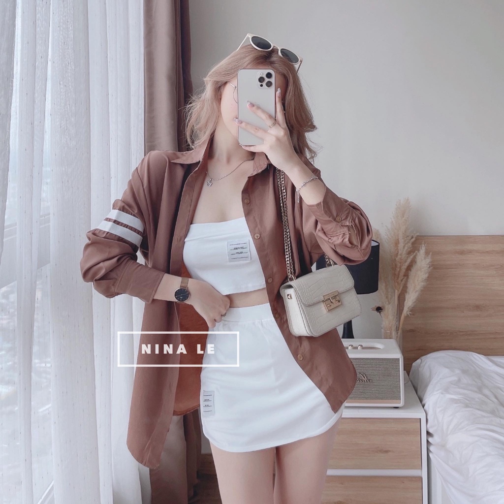 Sét bộ nữ 3 món áo sơ quốc dân phối croptop borip xinh xắn, trẻ trung đi chơi, đi biển