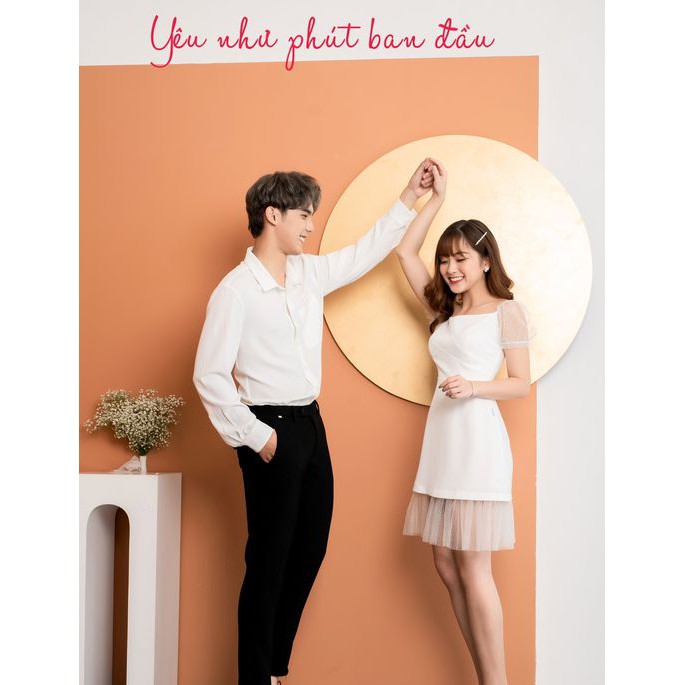 Áo đôi nam nữ [FREESHIP] Set đồ đôi váy phối tay voan áo sơ mi màu trắng đẹp Hàn Quốc Couple AV29
