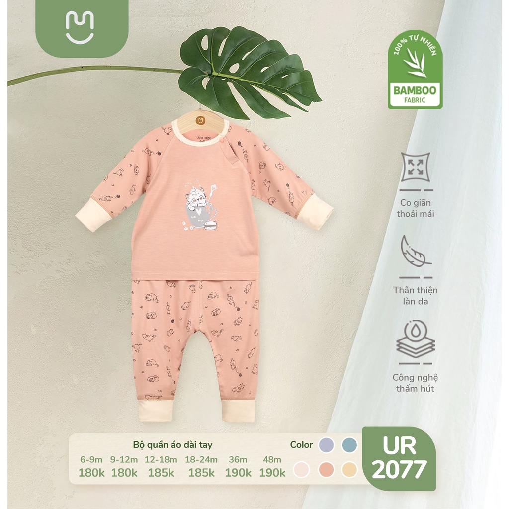 Bộ Uala Rogo chất vải Bamboo dài tay cao cấp mềm mịn thoáng mát thấm hút tốt in thú to cho bé trai bé gái 2077