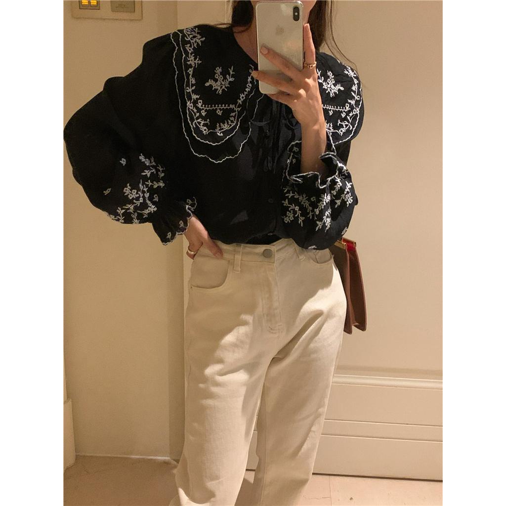 Áo Sơ Mi Dài Tay Họa Tiết Thêu Phong Cách Retro Hàn Quốc 56360 2 Màu