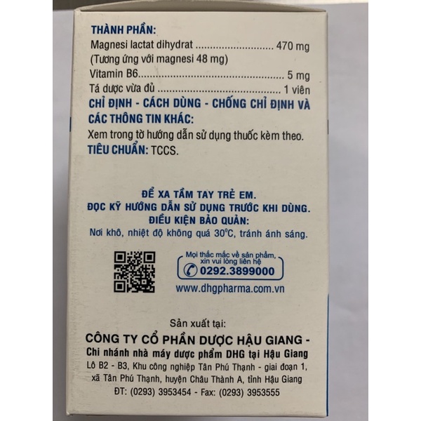 Magnesi B6 Dược Hậu Giang, bổ sung vitamin B6 và Magnesi hộp 100 viên