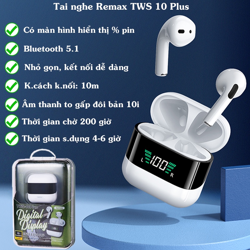 Tai Nghe Bluetooth TWS 10 plus Không Dây | Chống Ồn | Âm To Chuẩn | Remax True wireles có màn hình LED hiển thị
