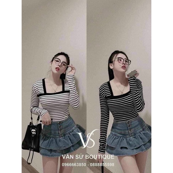 ÁO THUN TĂM CỔ VUÔNG KẺ NGANG DÁNV BASIC MS10581