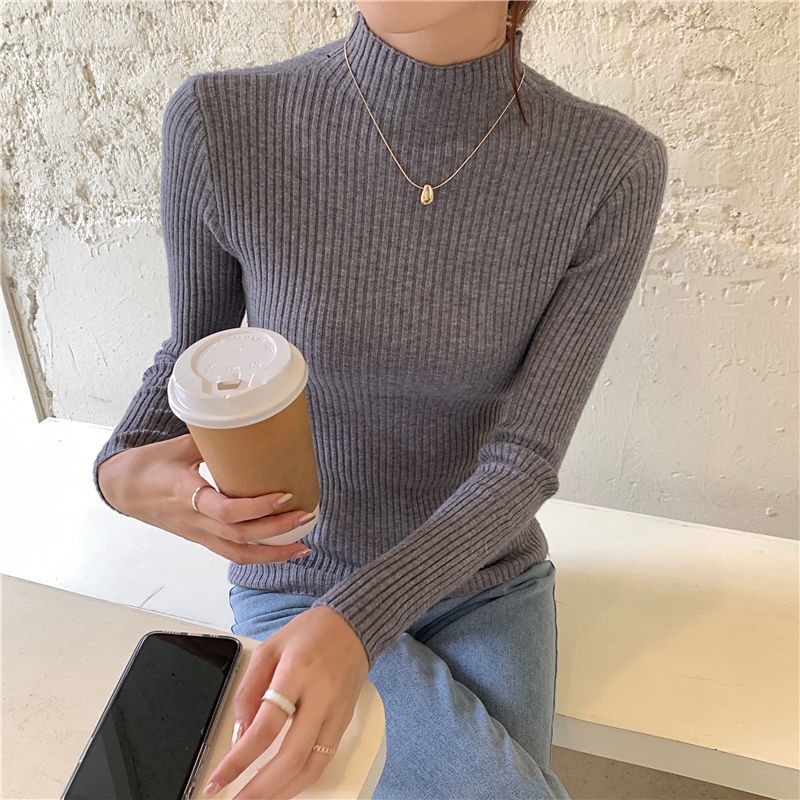 Áo Sweater Dệt Kim Tay Dài Cổ Lọ Ôm Dáng Phong Cách Hàn Quốc Mới