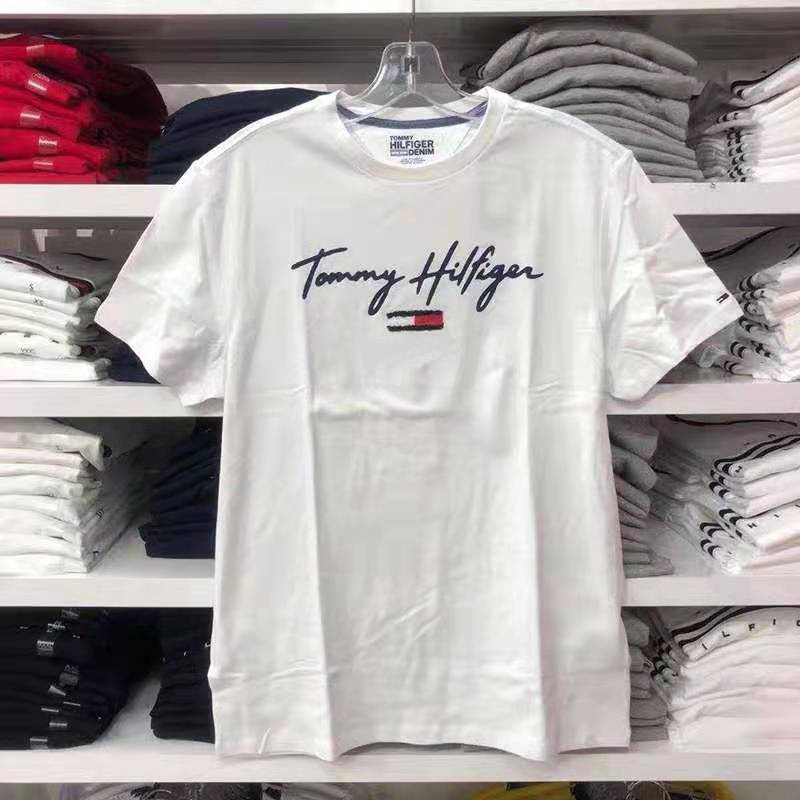 Áo thun tay ngắn cổ tròn dáng rộng in chữ Tommy thời trang cho nam và nữ