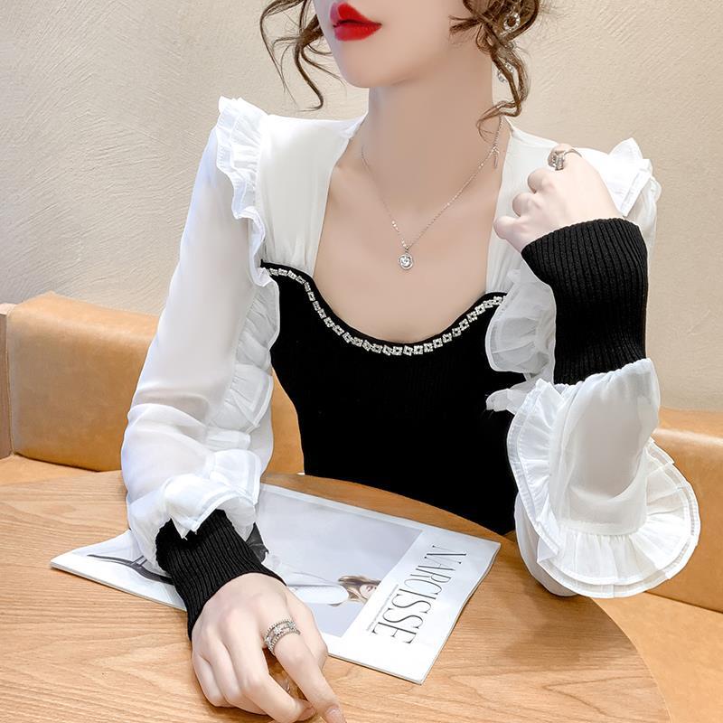 Áo Sweater Chiffon Cổ Vuông Phối Bèo Đính Hạt Phong Cách Phương Tây Thời Trang Mùa Xuân 2022 Mới