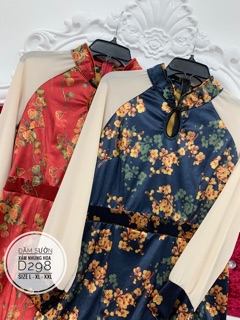 Bigsize Đầm sườn xám nhung hoa D298
