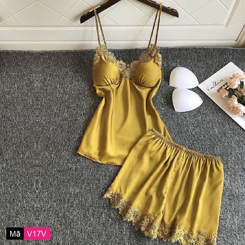 Bộ ngủ lụa satin 2 dây phối viền ren kèm mút ngực quyến rũ