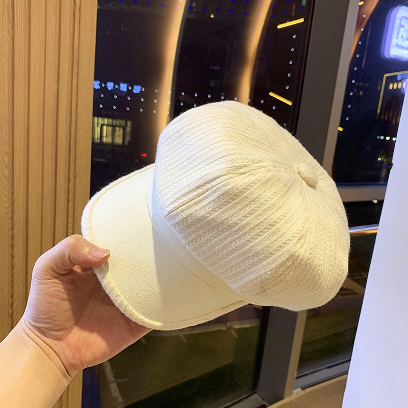 Mũ beret nữ thời trang vành da PU phối cotton 3 màu