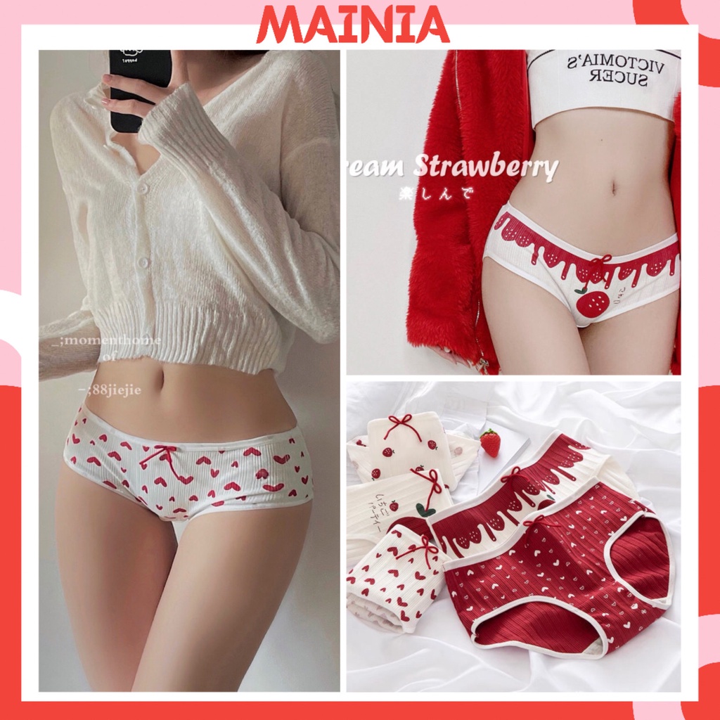 [Có M, Bigsize] Quần Lót Cotton Nữ Màu Trắng Hoạ Tiết Dâu Tim Dễ Thương Mainia Shop