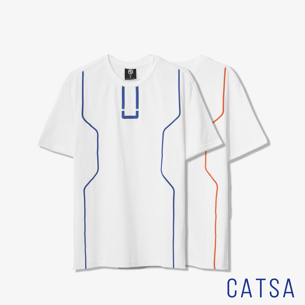 Áo thun trắng in viền cam, viền xanh S.Oversize cotton chống nhăn, thoáng mát CATSA ATN303-304
