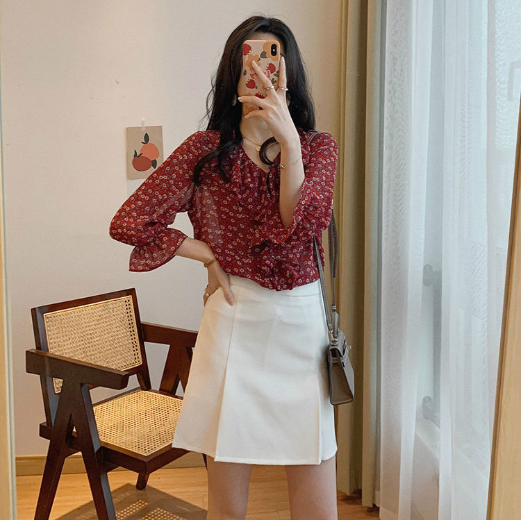 Áo Sơ Mi Voan Hoa Cổ Tim Dài Tay Dáng Rộng Thời Trang Retro Hàn Quốc Dành Cho Nữ