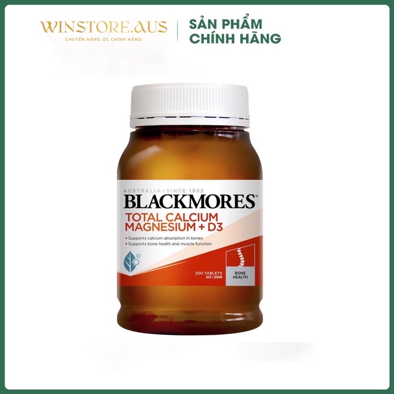 Viên uống bổ sung Canxi, Magie, D3, hỗ trợ xương khớp Total Calcium &amp; Magnesium + D3  Blackmores Úc 200 viên