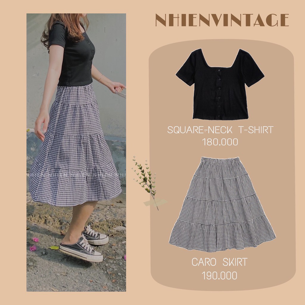 Chân váy caro Nhien vintage váy tầng dài qua gối AV95 | BigBuy360 - bigbuy360.vn