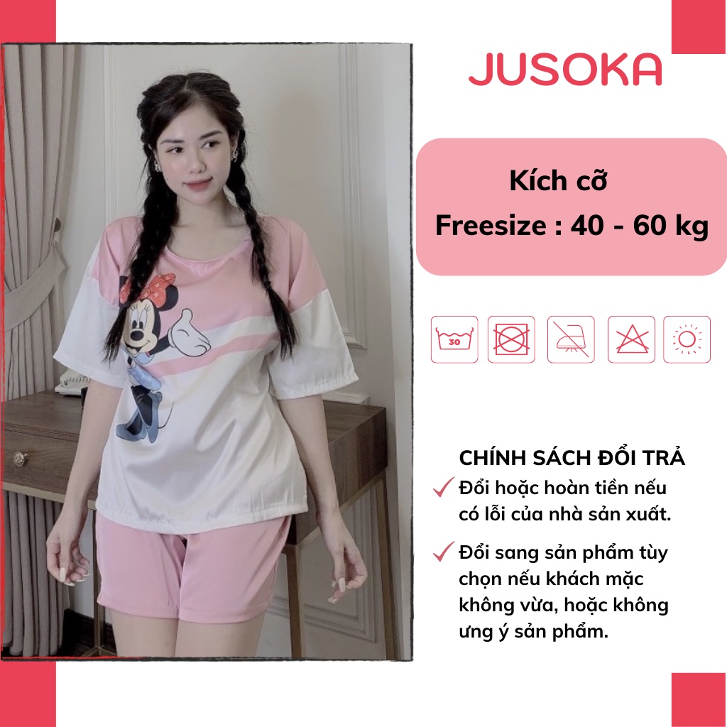 Đồ bộ nữ pijama lụa ngủ mặc nhà áo cộc quần đùi họa tiết in 3D cute dễ thương JUSOKA