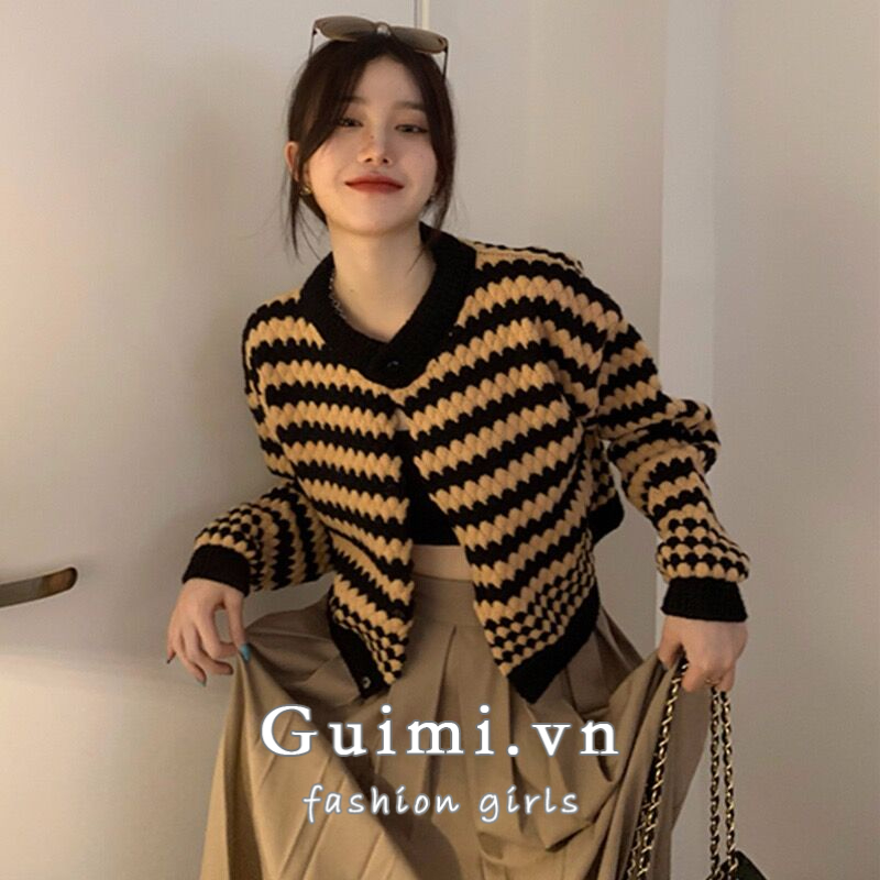 Áo Khoác Dệt Kim Nữ Dài Tay Kẻ Sọc Kiểu Hàn Quốc Có 3 Màu