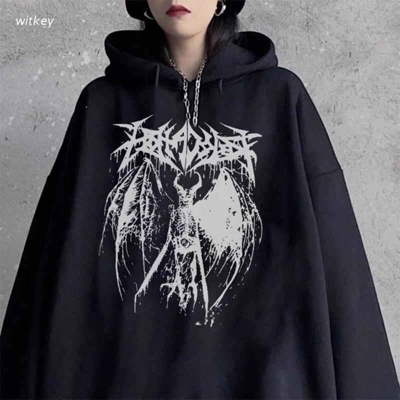 Áo hoodie oversize tay dài in hình bộ xương quỷ có đôi cánh và chữ phong cách punk gothic cá tính cho nữ