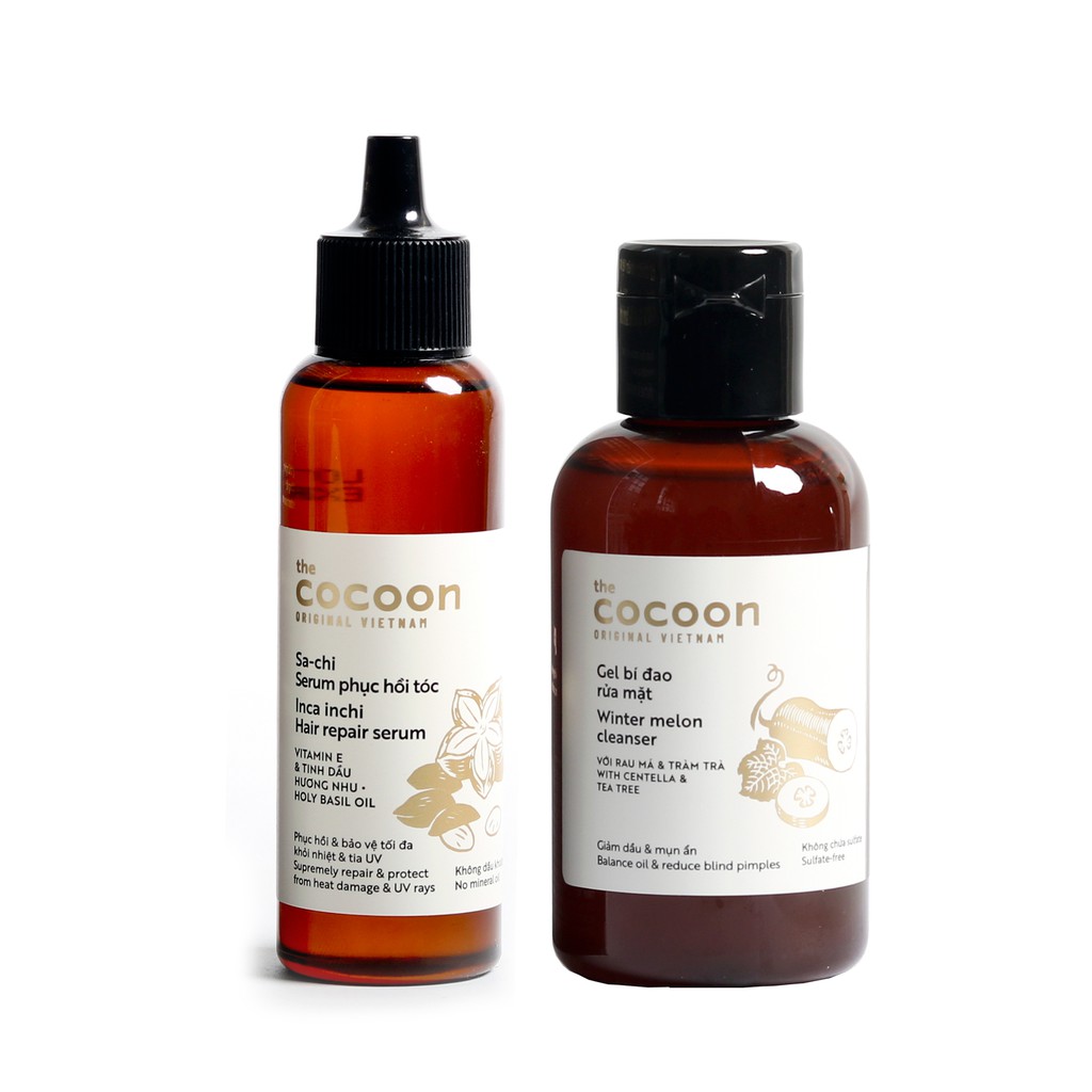 Combo gel bí đao rửa mặt cocoon 140ml + Sa-Chi serum phục hồi tóc cocoon 70ml