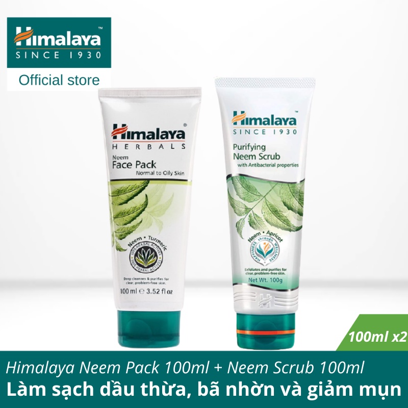 Combo làm sạch loại bỏ mụn đầu đen và mụn ẩn Himalaya Neem Face Pack 100ml và Neem Scrub 100ml