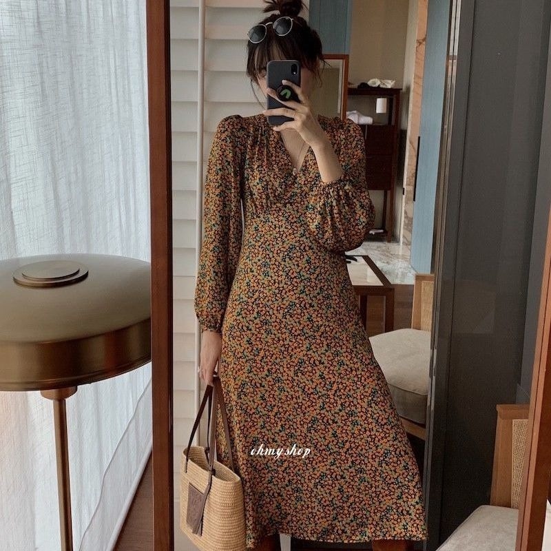 Đầm Eo Cao Cổ Chữ V Dáng Ôm Phong Cách Retro Lãng Mạn Thời Trang Pháp Mới