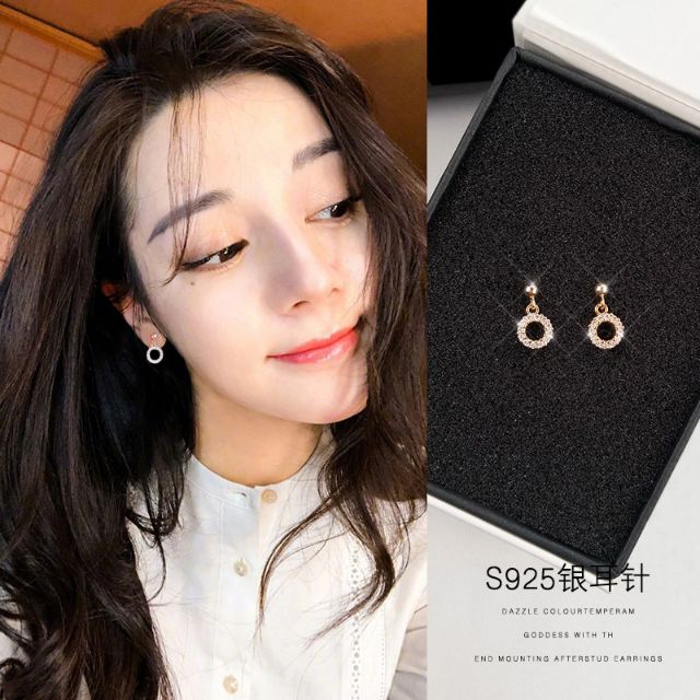 Hoa tai khuyên tròn đính hạt bạc 925