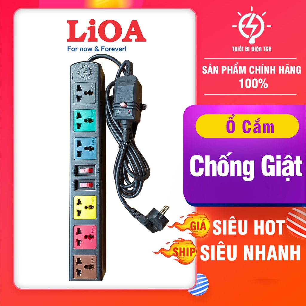 Ổ cắm điện chống giật lioa, 6 ổ cắm, 2 công tắc, 3300W, dây dài 3M, 6D33N-CG