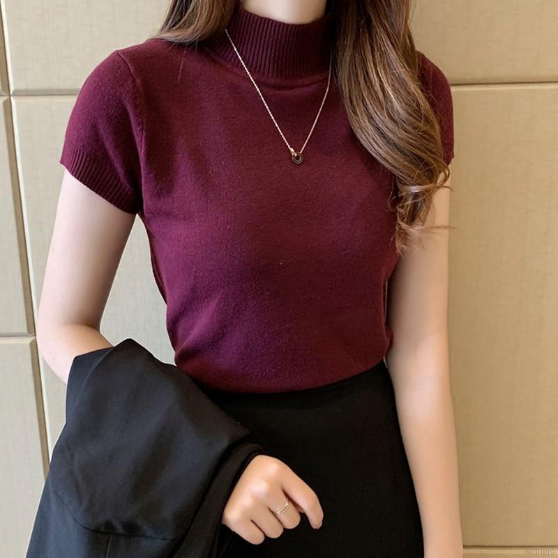 Áo thun dệt kim cổ lọ màu trơn tay ngắn phong cách đơn giản dành cho phái đẹp