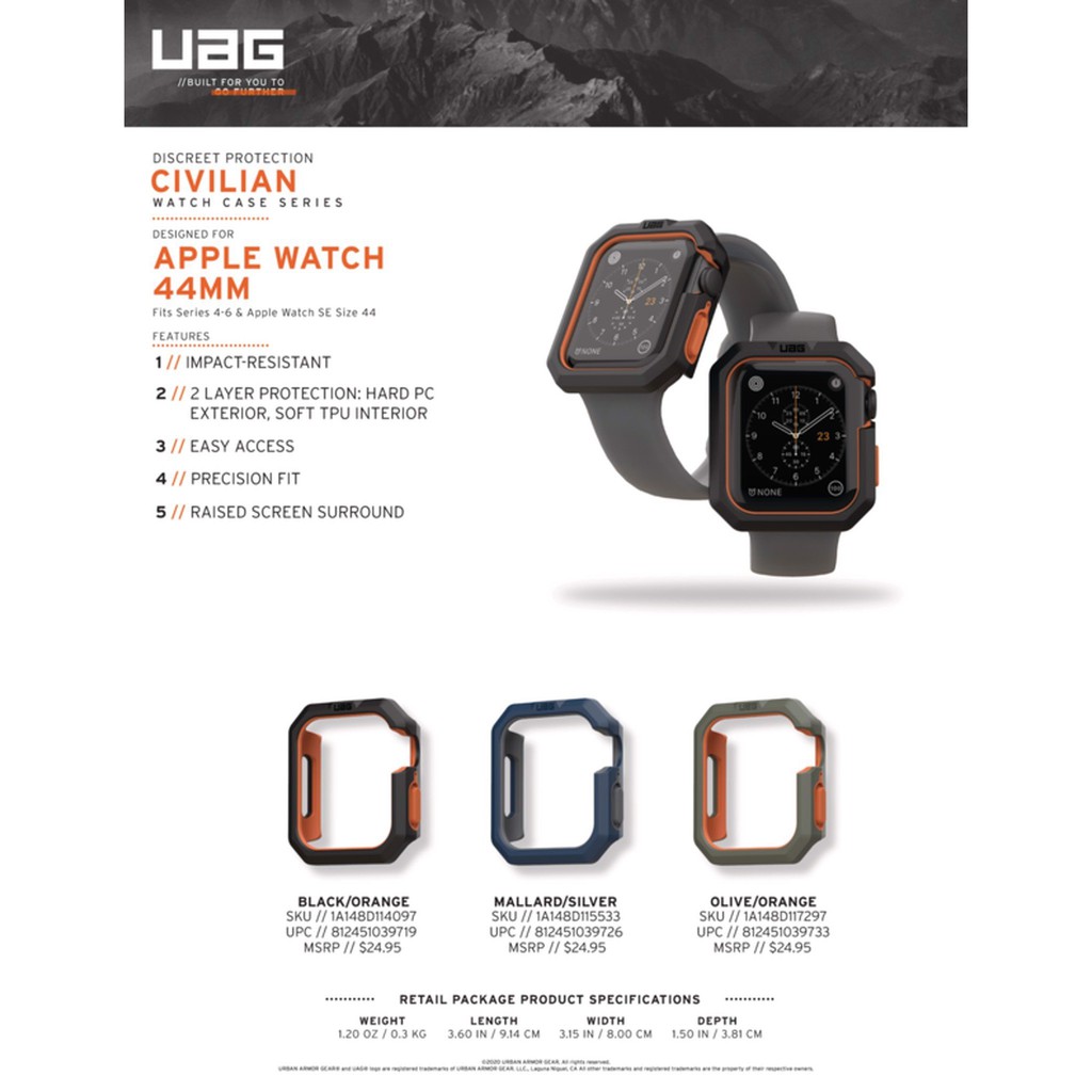 [Mã 267ELSALE hoàn 7% đơn 300K] Ốp chống sốc UAG Civilian cho Apple Watch Size 40/ 44mm