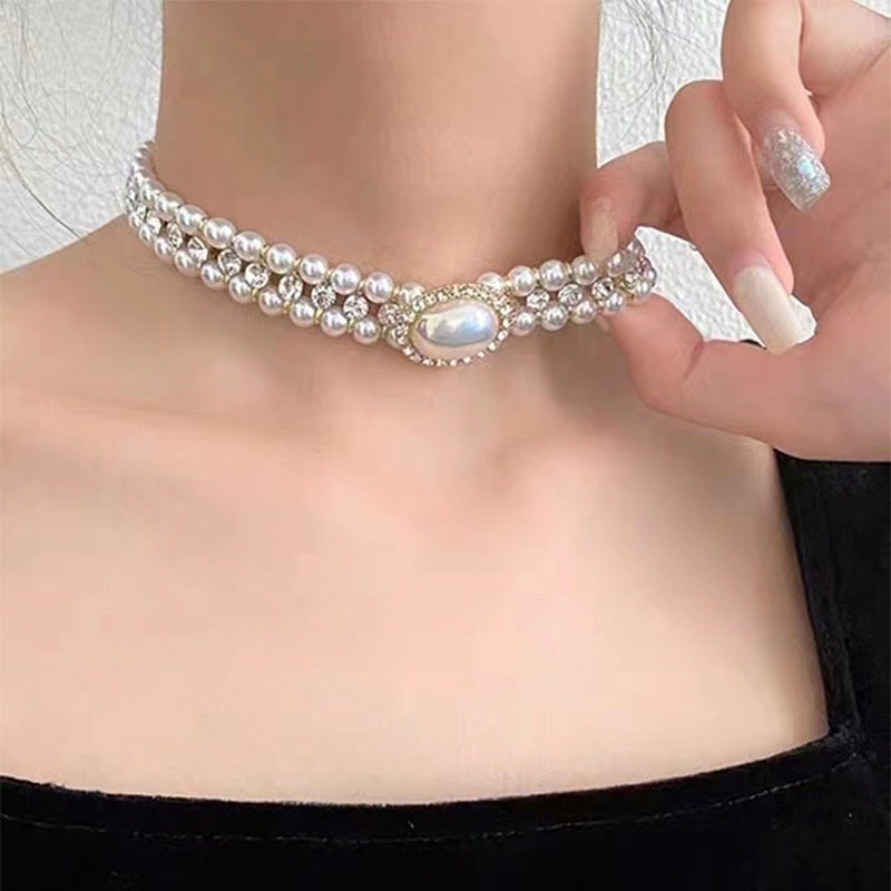 Vòng cổ Ngọc Trai Đính Đá Zircon Phong Cách Hoàng Cung Pháp Cổ Điển Cho Nữ