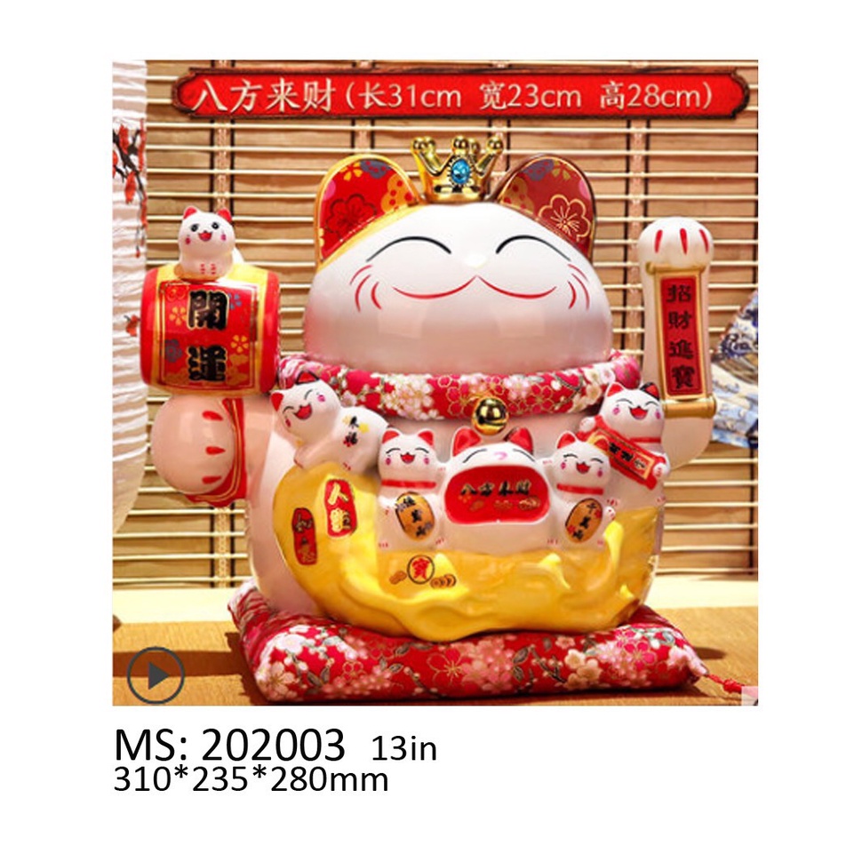 Mèo Thần Tài Sứ , Mèo May Mắn Maneki Neko cao  28cm. Vẩy Tay Gọi Khách BÁT PHƯƠNG KHAI TÀI
