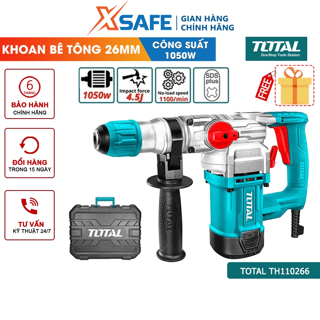 Máy khoan đục bê tông TOTAL TH110266 1050W, đầu gài mũi SDS plus, kèm 3 mũi khoan 2 mũi đục [CHÍNH HÃNG][XSAFE]