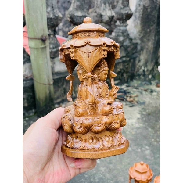 Tam thánh phật tây phương đục 3 mặt gỗ bách xanh hàng kỹ vip giá xưởng 15x9cm