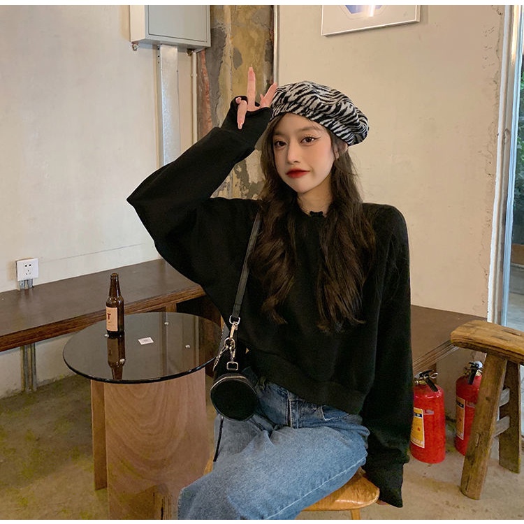 Áo Thun Tay Dài Phong Cách Preppy Cá Tính 206452 Áo Sweater Màu Trơn Dáng Ngắn Phong Cách Hàn Quốc Trẻ Trung