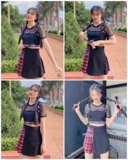 Chân váy nữa bên caro đỏ Natthy Style