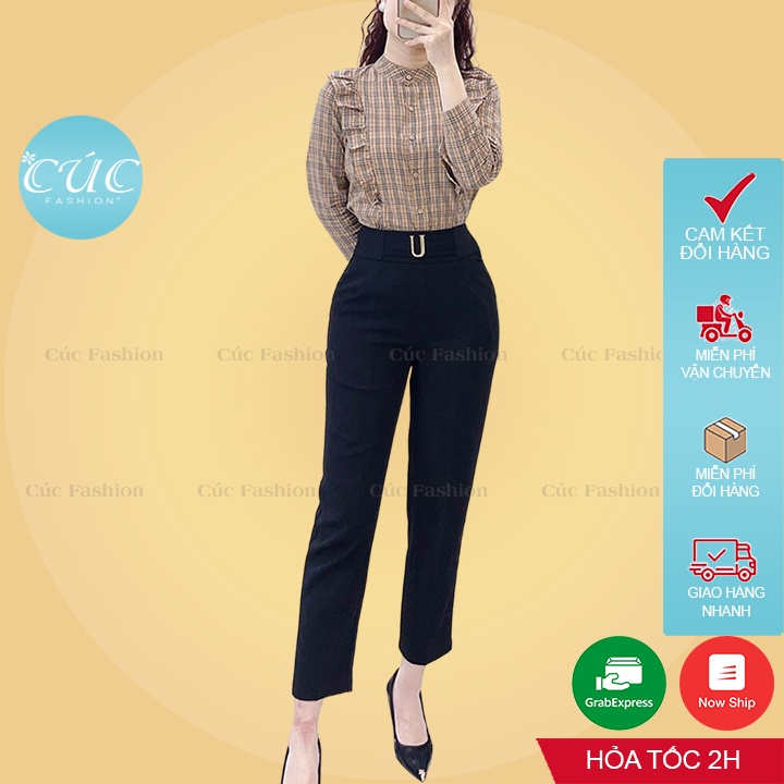 Quần baggy nữ CÚC FASHION begy lưng cạp cao vải tây from dài đẹp thời trang âu công sở màu đen đi học khuy chữ U Q684