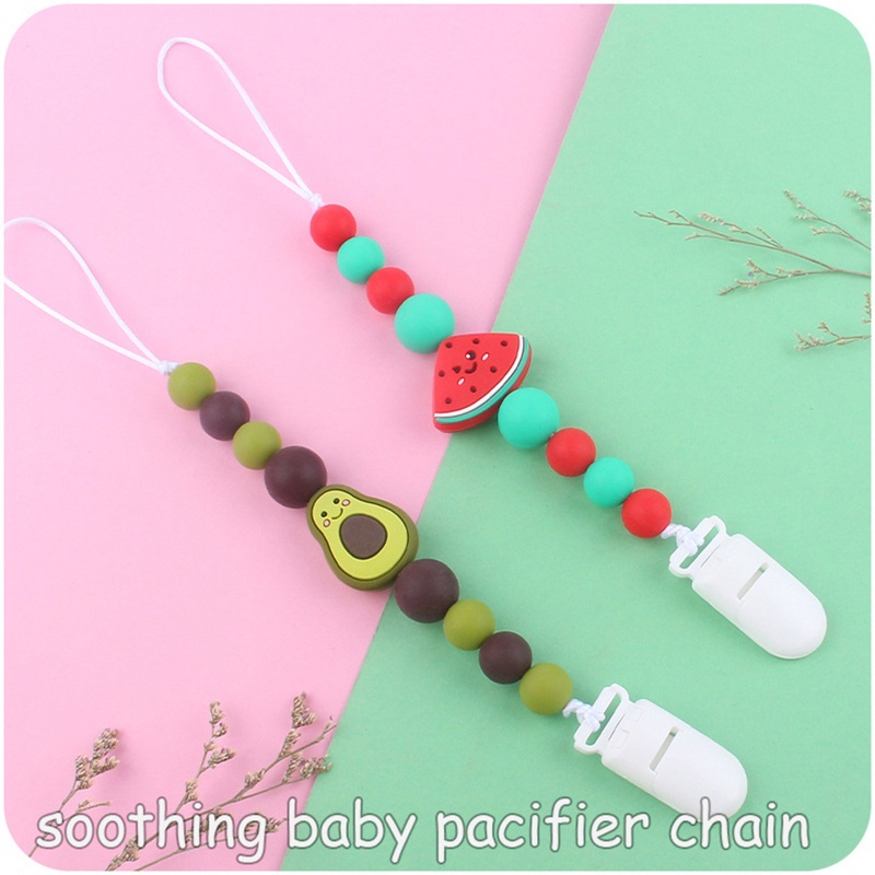 Dây Kẹp Núm Vú Giả Ngậm Nướu Bằng Silicon Hình Trái Cây Hoạt Hình Dành Cho Bé Trai Gái Sơ Sinh Mọc Răng