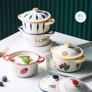 Bát chén sứ ăn dặm làm bánh flan caramen hình nồi hoạ tiết có nắp cho bé