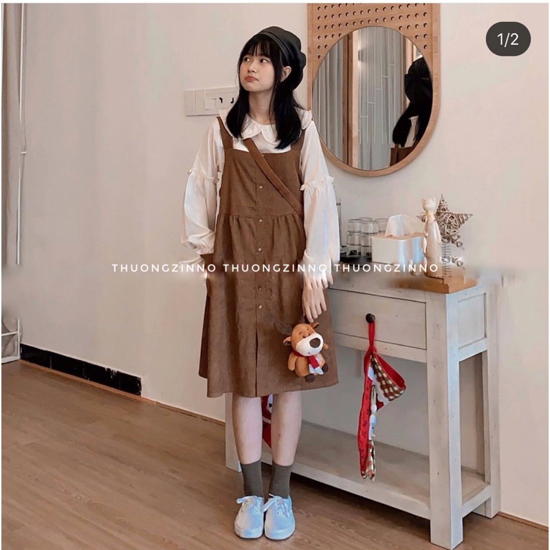 [Ảnh thật/Video] Set yếm nhung vintage dáng babydoll kèm áo cổ sen tiểu thư Set yếm vintage phong cách Hàn Quốc