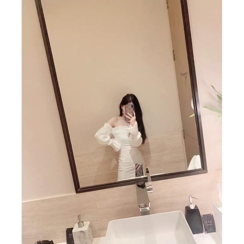SẴN HÀNG🖤Váy trắng tiểu thư ôm body trễ vai xẻ đùi tay dài loe thắt nơ/ Đầm kiểu ulzzang dự tiệc tay tơ sexy Hàn Quốc | BigBuy360 - bigbuy360.vn