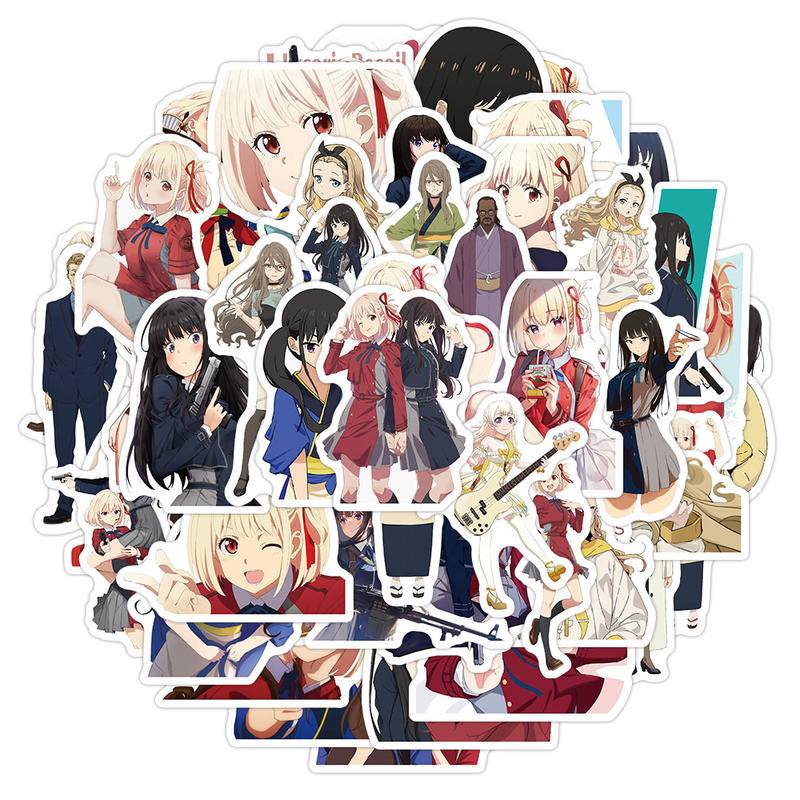 Bộ 50 Sticker Dán Trang Trí Ván Trượt / Laptop / Xe Hơi Hình Lycoris Recoil Anime Nhật Bản DIY