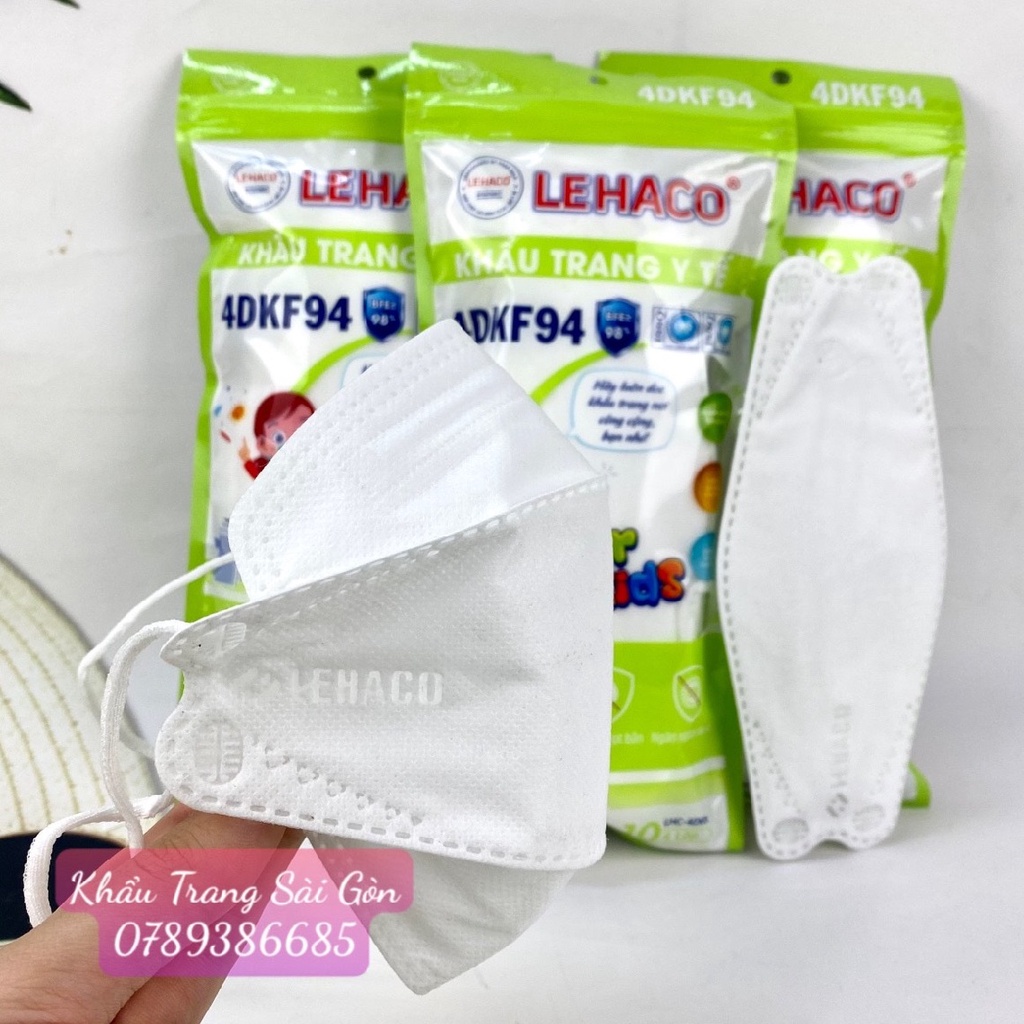 Khẩu trang LEHACO KF94 KIDS 4D cho bé MÀU TRẮNG 4 lớp kháng khuẩn 10 cái/ túi