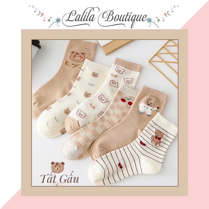 Tất Vớ Nữ Lalila Thêu Hình Gấu Nâu Tone Nâu Kem Ấm Áp Dễ Thương LTN16