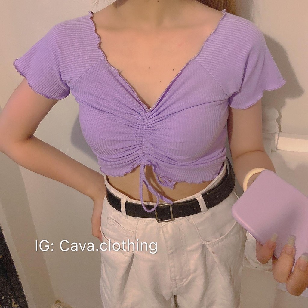 Áo kiểu croptop rút dây giữa màu tím siêu xinh