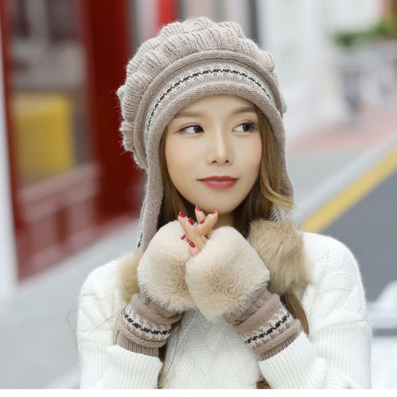 Set Nón Len + Găng Tay Len Dày Dặn Màu Trơn Chống Gió Thời Trang Mùa Đông Cho Nữ