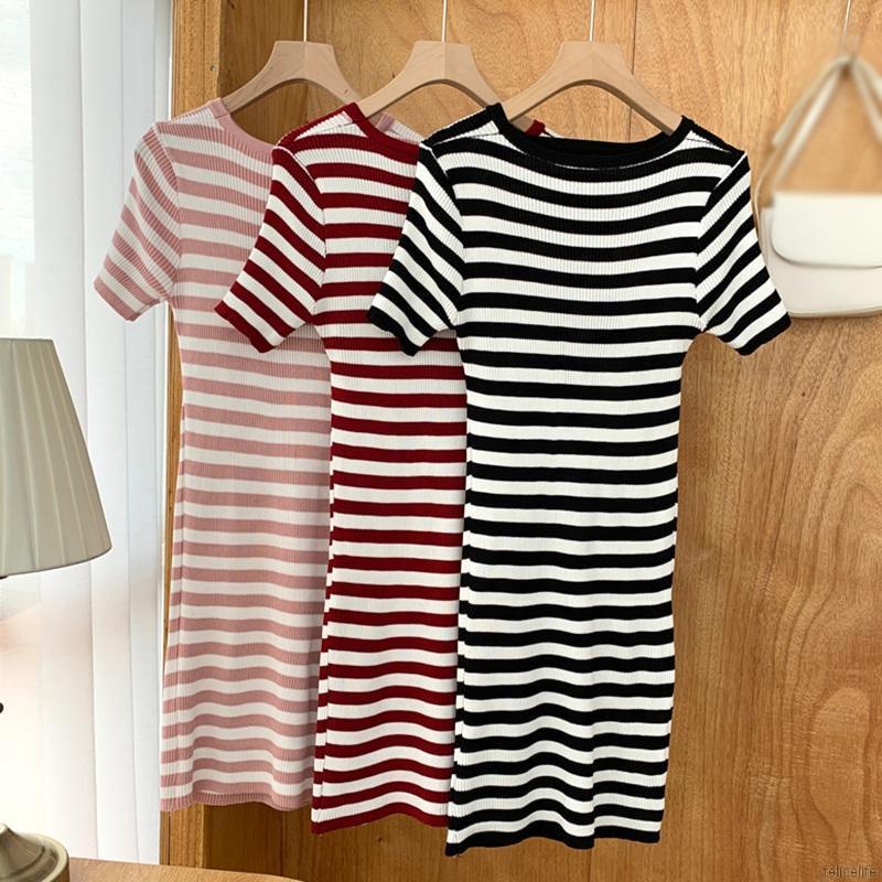 Đầm Dệt Kim Tay Ngắn Cổ Tròn Hoạ Tiết Kẻ Sọc Phong Cách Hàn Quốc