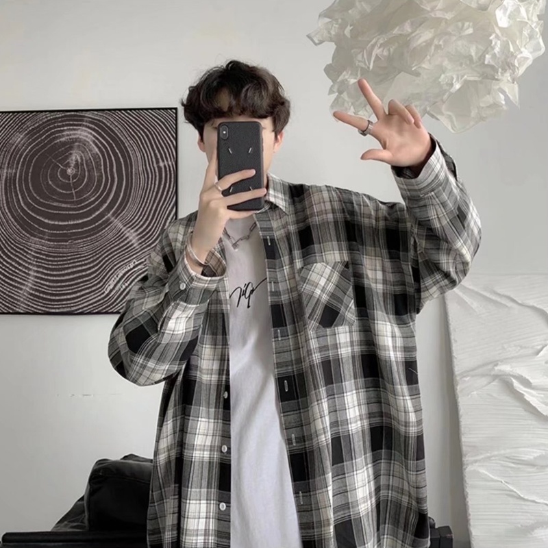Áo Sơ Mi Caro Tay Dài Dáng Rộng Trẻ Trung Phong Cách Hàn Quốc Cho Nam Size M-3xl