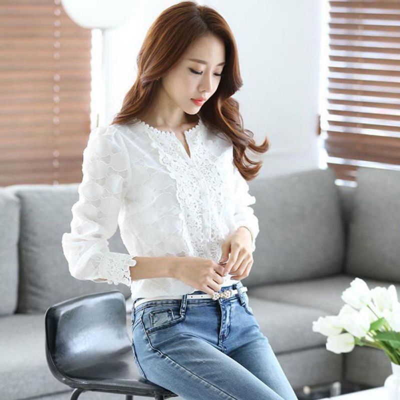 Áo sơ mi kiểu tay dài cổ V viền ren thanh lịch cho nữ