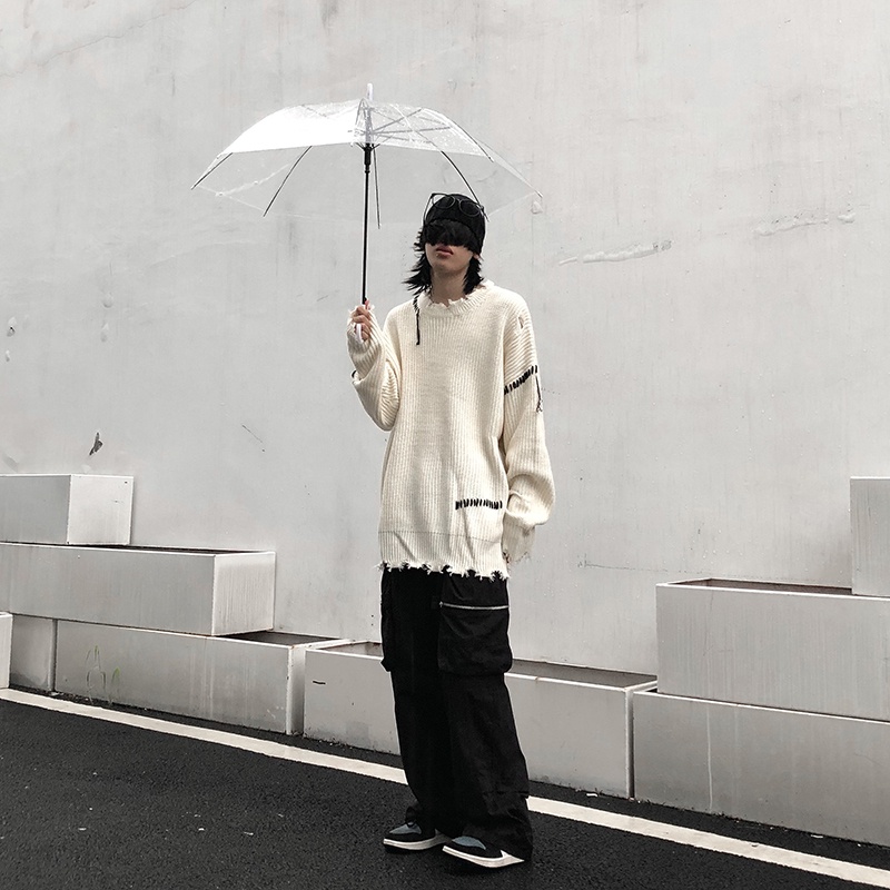 Áo sweater dệt kim dáng rộng phối rách kiểu retro đường phố cá tính cho các cặp đôi