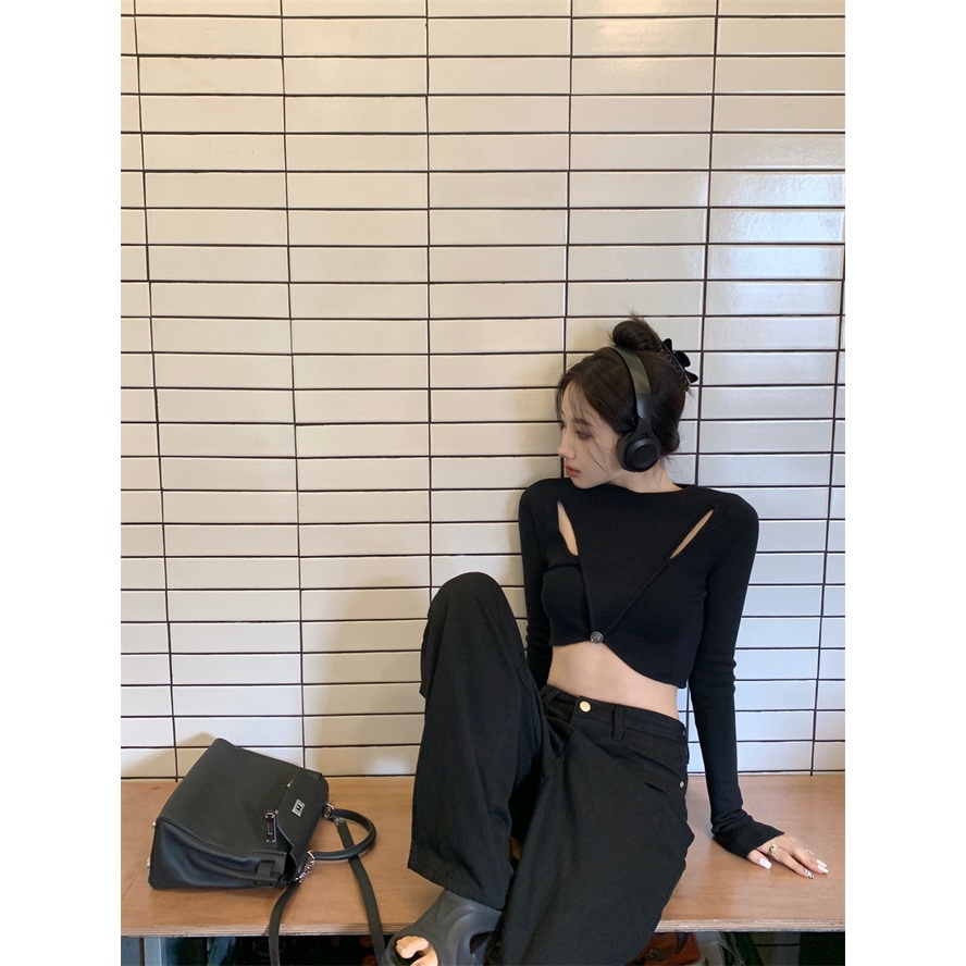 Áo dệt kim ZHELIHANGFEI tay dài hở eo phong cách trẻ trung thời trang quyến rũ cho nữ